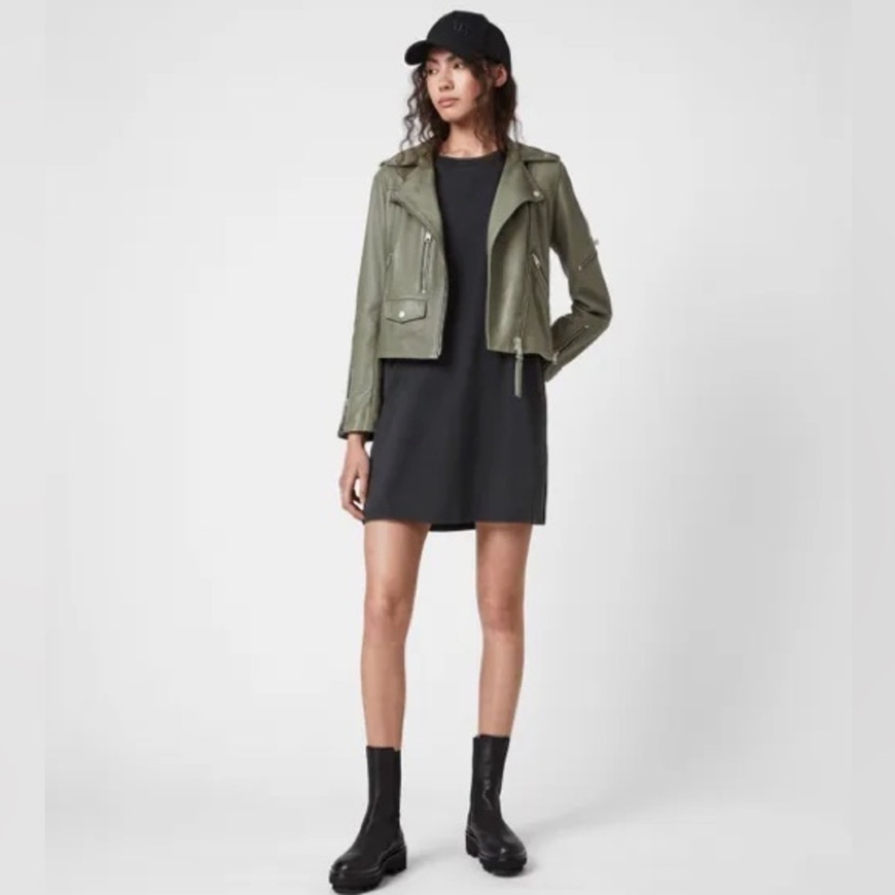 AllSaints Darnley Leather Biker Jacket Sage Green - Picture 10 of 10